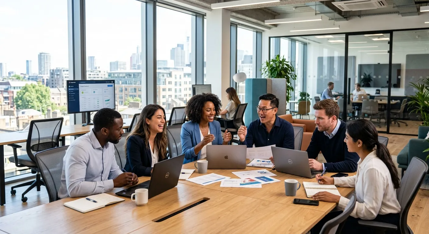 Modern office environment with a diverse team of administrative professionals collaborating in a bright, open-plan workspace. Professional, energetic mood. Style: Corporate photography, high-resolution, natural lighting.