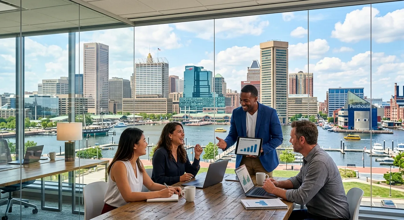 A professional, high-contrast image of Baltimore's skyline, featuring the Inner Harbor and modern of... A professional, high-contrast image of Baltimore's skyline, featuring the Inner Harbor and modern office buildings, with diverse professionals collaborating in a bright, sunlit workspace in the foreground. Style: Corporate, aspirational, high dynamic range.