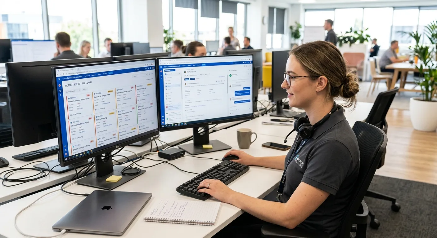 A modern IT support technician at a dual-monitor workstation in a bright office, reviewing a service desk dashboard with multiple tickets on screen