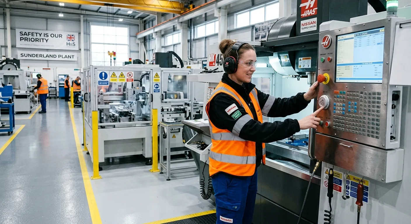 Professional photo of a focused machine operator wearing safety glasses, ear protection, and high-vi... Professional photo of a focused machine operator wearing safety glasses, ear protection, and high-visibility clothing, working beside modern industrial production machinery in a clean, well-lit Sunderland factory, with confident practical mood and UK workplace safety emphasis