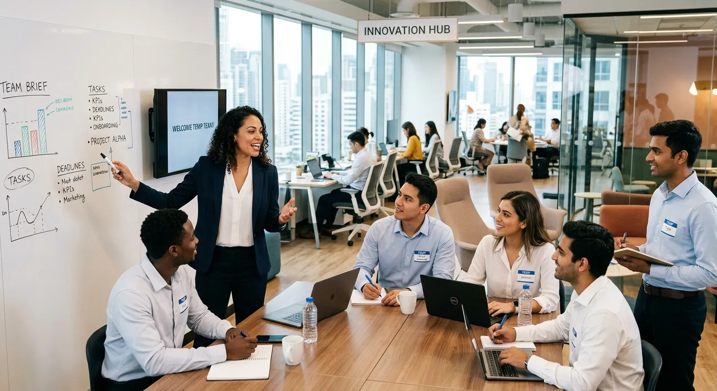 A professional, high-energy office environment where a manager is briefing a diverse team of temporary staff. Modern corporate style, bright lighting, focused and collaborative mood.