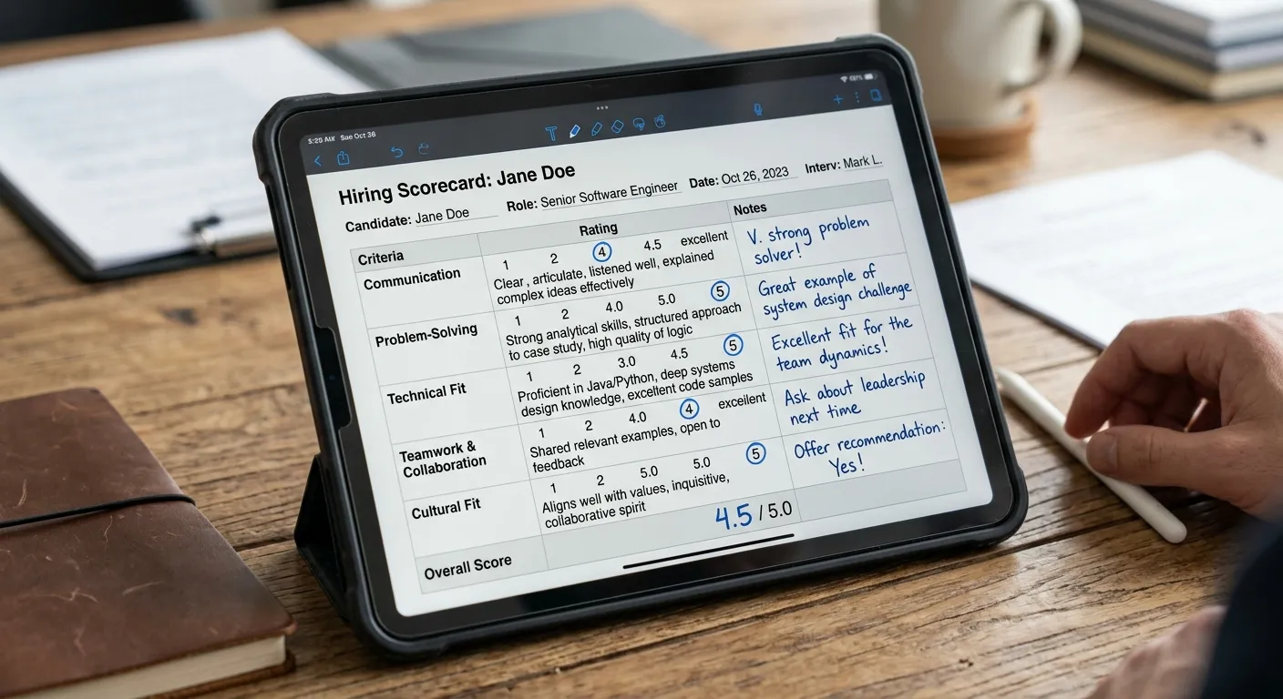 A professional hiring scorecard or rubric on a tablet, showing ratings for categories like Communication, Problem-Solving, and Technical Fit, with handwritten notes in the margin.