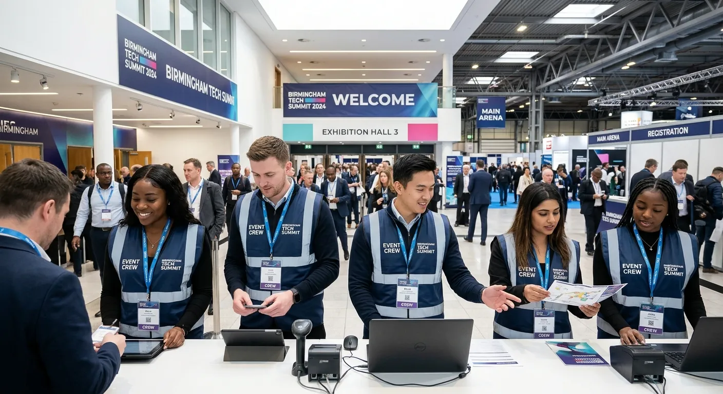 A diverse, professional event crew wearing branded vests and lanyards working efficiently at a moder... A diverse, professional event crew wearing branded vests and lanyards working efficiently at a modern Birmingham exhibition hall, bright corporate lighting, high-resolution, energetic and trustworthy mood