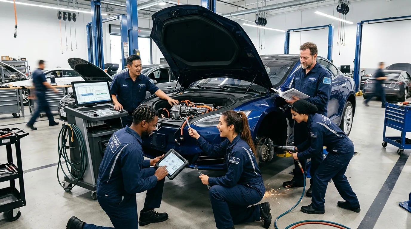 A dynamic, professional hero image showing a diverse team of automotive technicians in a modern garage, collaborating on a vehicle. The mood is energetic, efficient, and focused, with a slight motion blur to convey action.