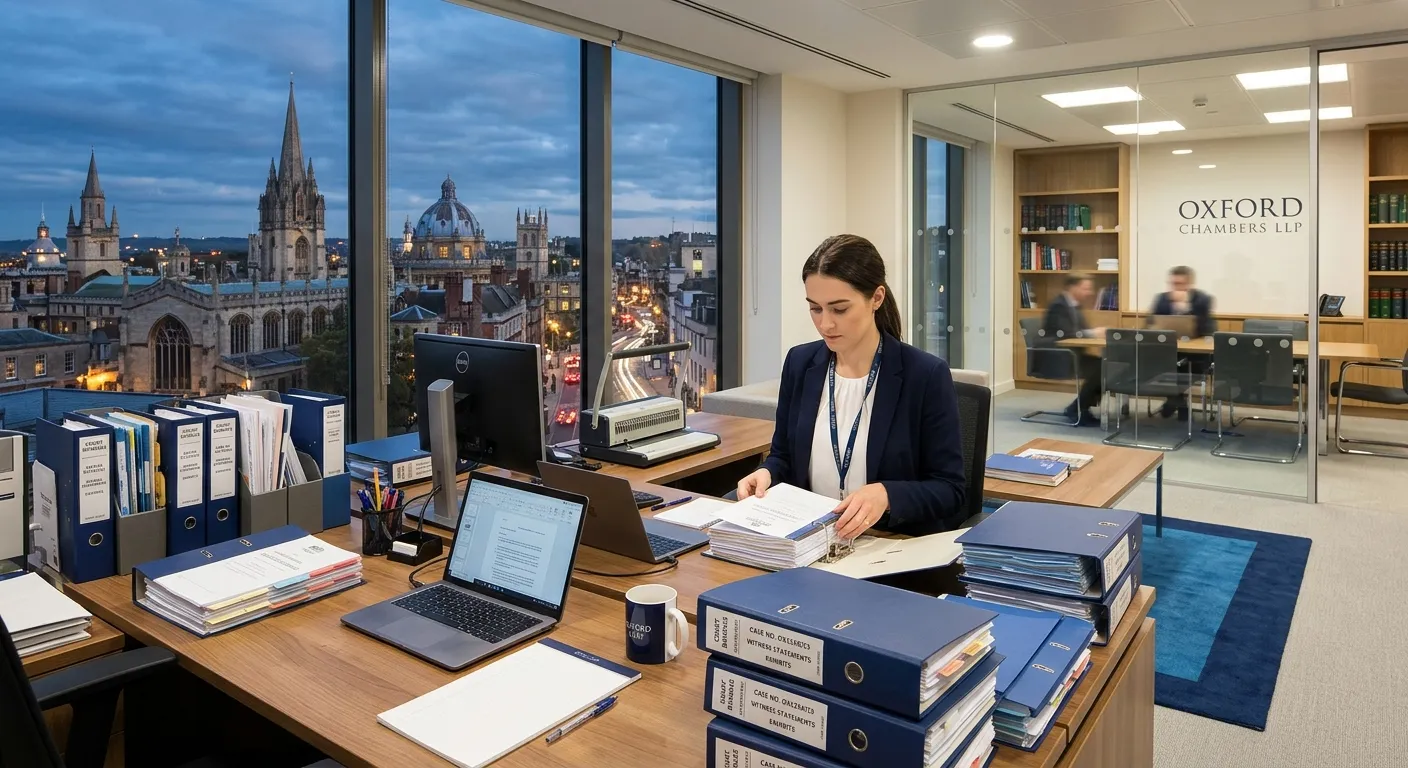A modern Oxford law office with a paralegal preparing court bundles, city centre backdrop, professional corporate lighting, clean executive blue and white style