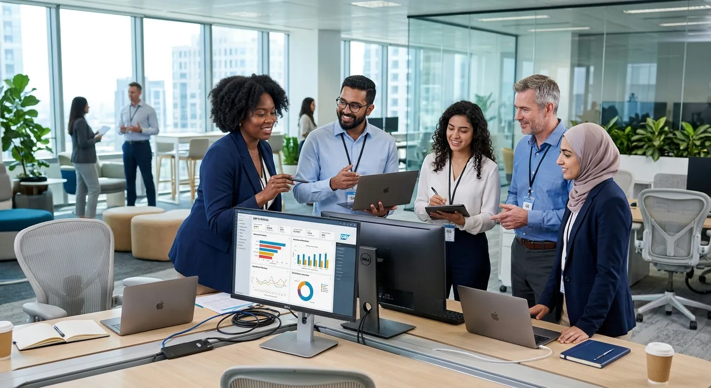A professional, modern office environment with a diverse team of IT consultants collaborating around a computer screen displaying SAP software dashboards. Style: High-resolution, bright, corporate. Mood: Collaborative, efficient, and technologically advanced.