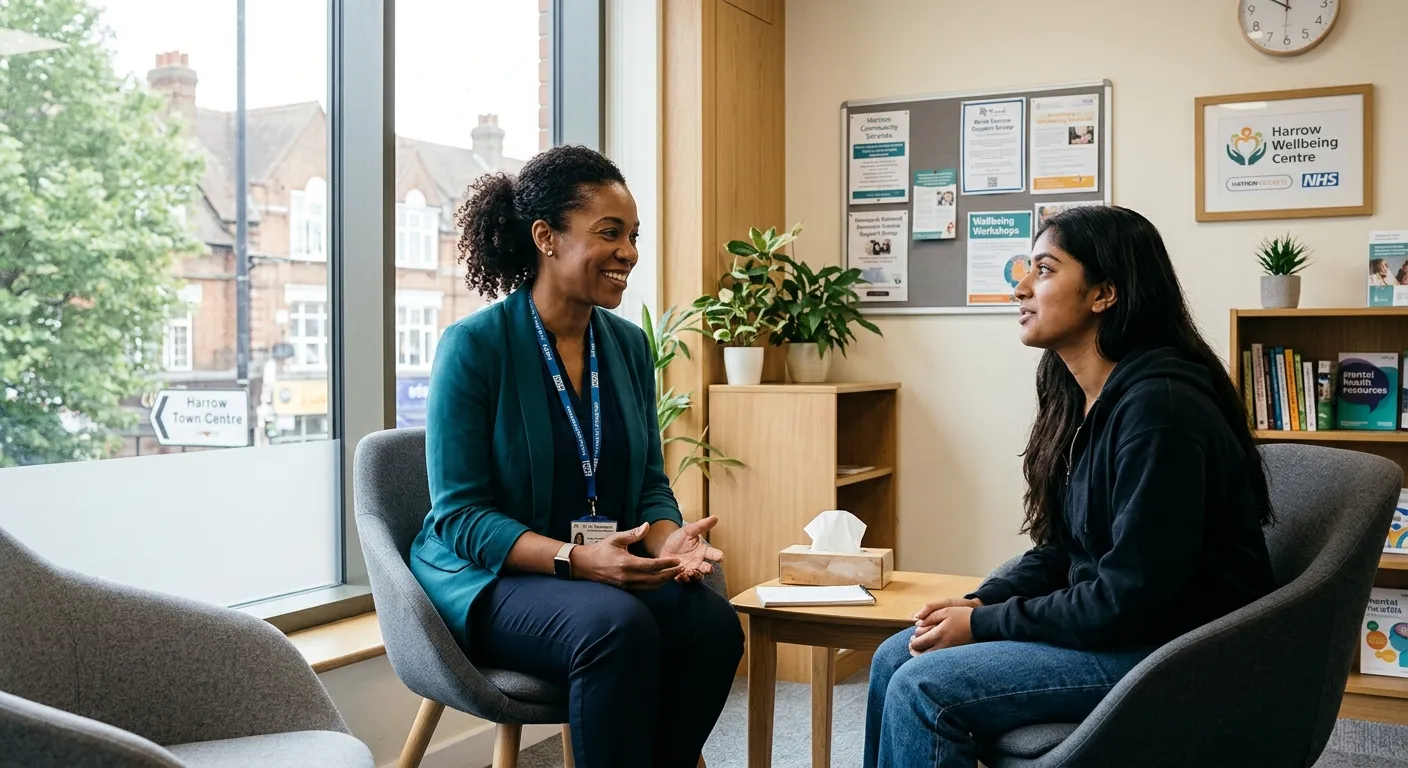 A professional, confident-looking Mental Health Practitioner in a modern healthcare setting, speakin... A professional, confident-looking Mental Health Practitioner in a modern healthcare setting, speaking calmly with a young person. The mood is supportive, competent, and trustworthy, with a focus on Harrow's local community.