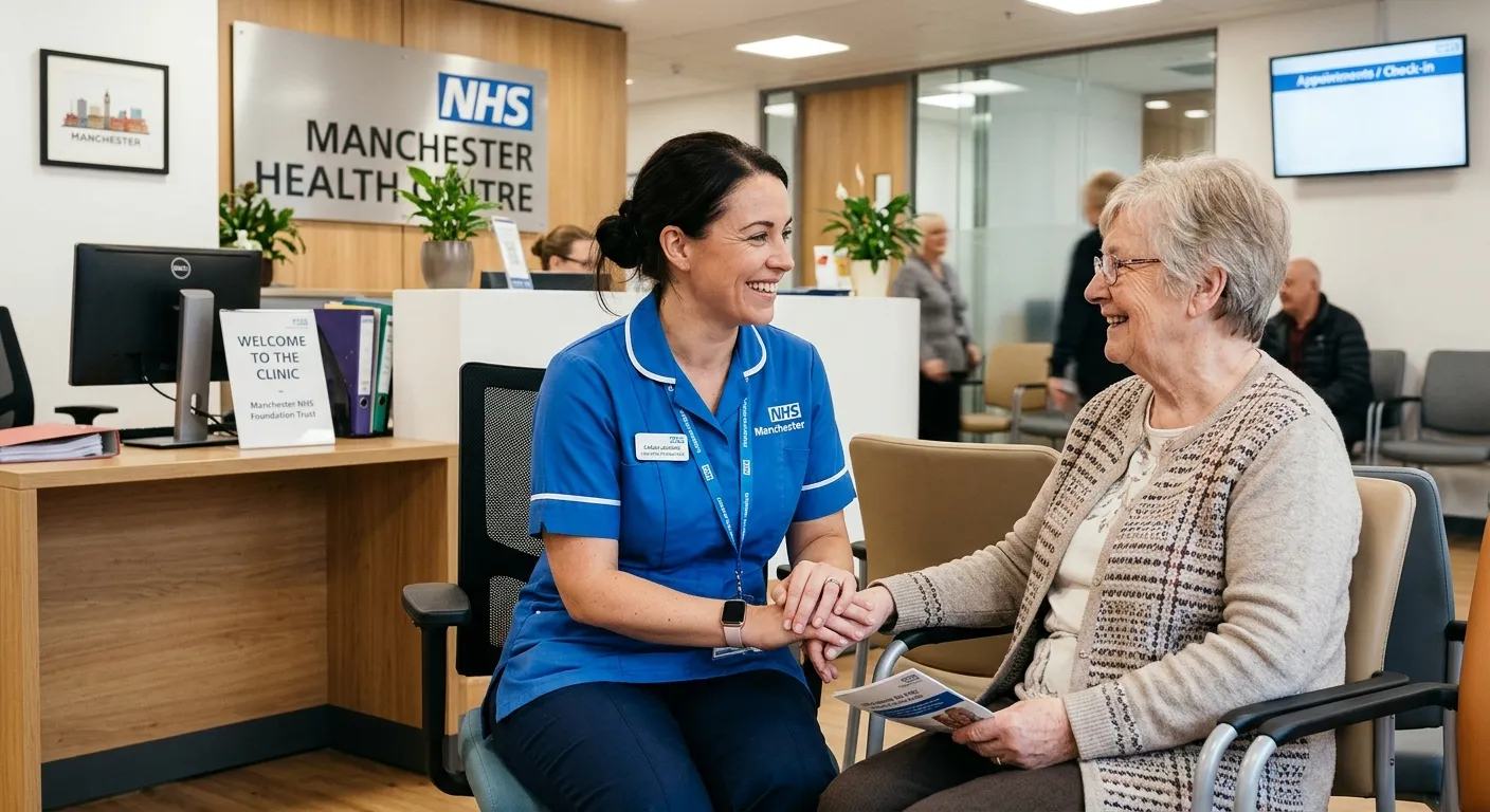 A professional, welcoming image of a Healthcare Assistant in a modern clinic setting in Manchester, smiling and assisting a patient. The mood is compassionate, competent, and trustworthy.