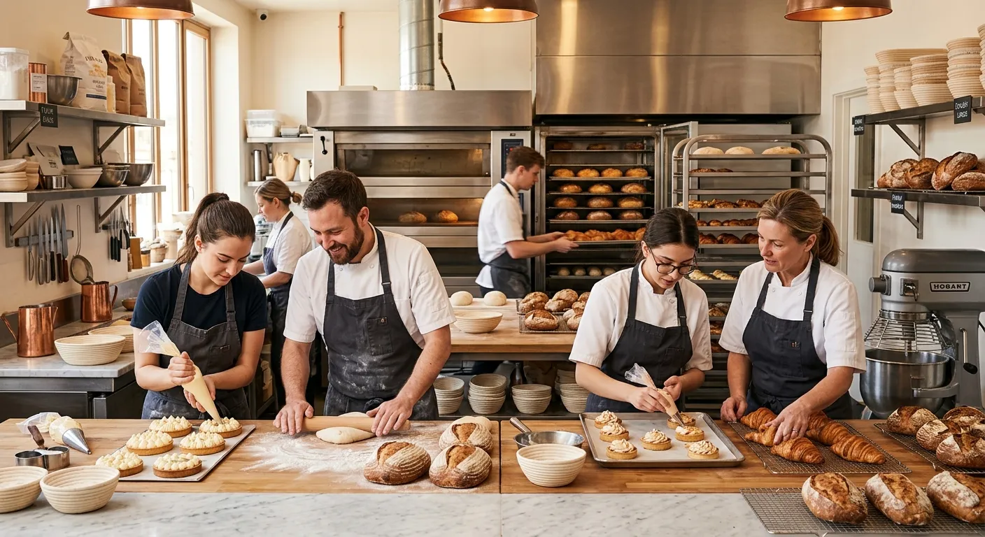Modern bakery kitchen with skilled staff working in harmony, high-resolution professional photo with... Modern bakery kitchen with skilled staff working in harmony, high-resolution professional photo with warm lighting, highlighting team collaboration and precision