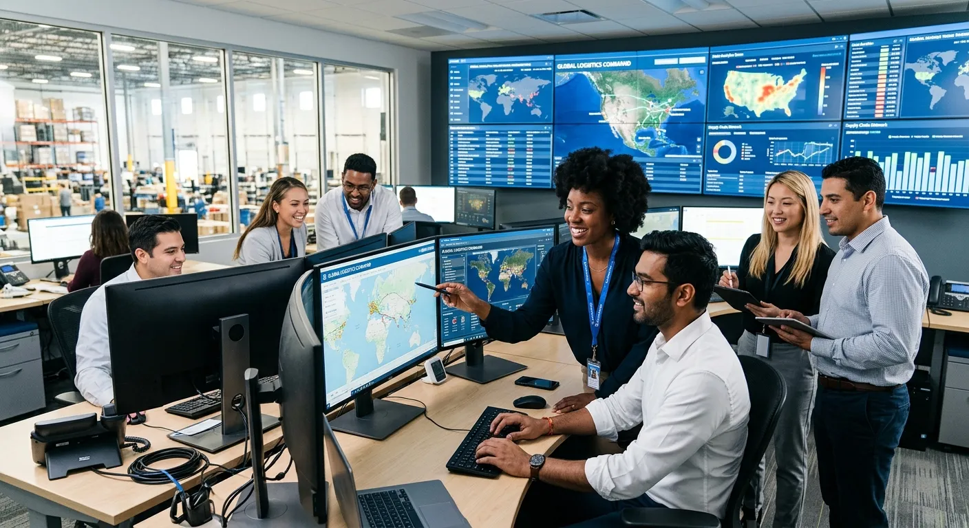 A dynamic, high-energy photo of a modern logistics control room. Diverse team of professionals in a... A dynamic, high-energy photo of a modern logistics control room. Diverse team of professionals in a bright warehouse office, looking at multiple monitors displaying supply chain maps and data analytics. Style: Corporate, vibrant, forward-looking.
