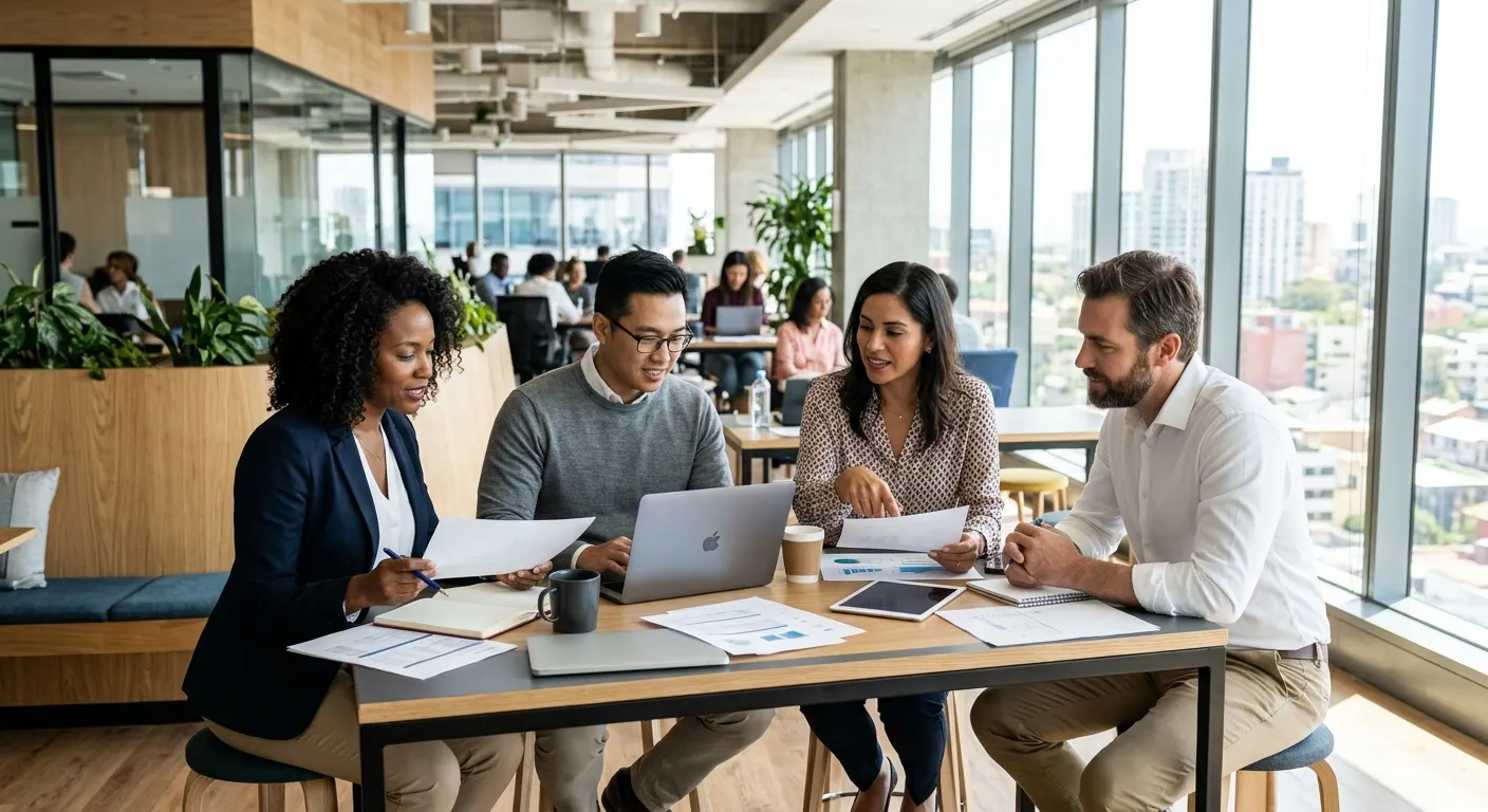 A professional, diverse team of office managers collaborating in a modern, sunlit office. They are reviewing documents and using technology, conveying efficiency and leadership.