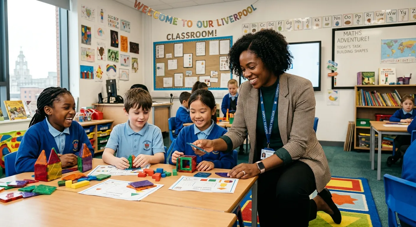 A professional and engaging photo of a confident supply teacher in a modern Liverpool classroom, smiling while helping a diverse group of primary school children with a hands-on activity. The mood is inspiring, capable, and focused on positive education.