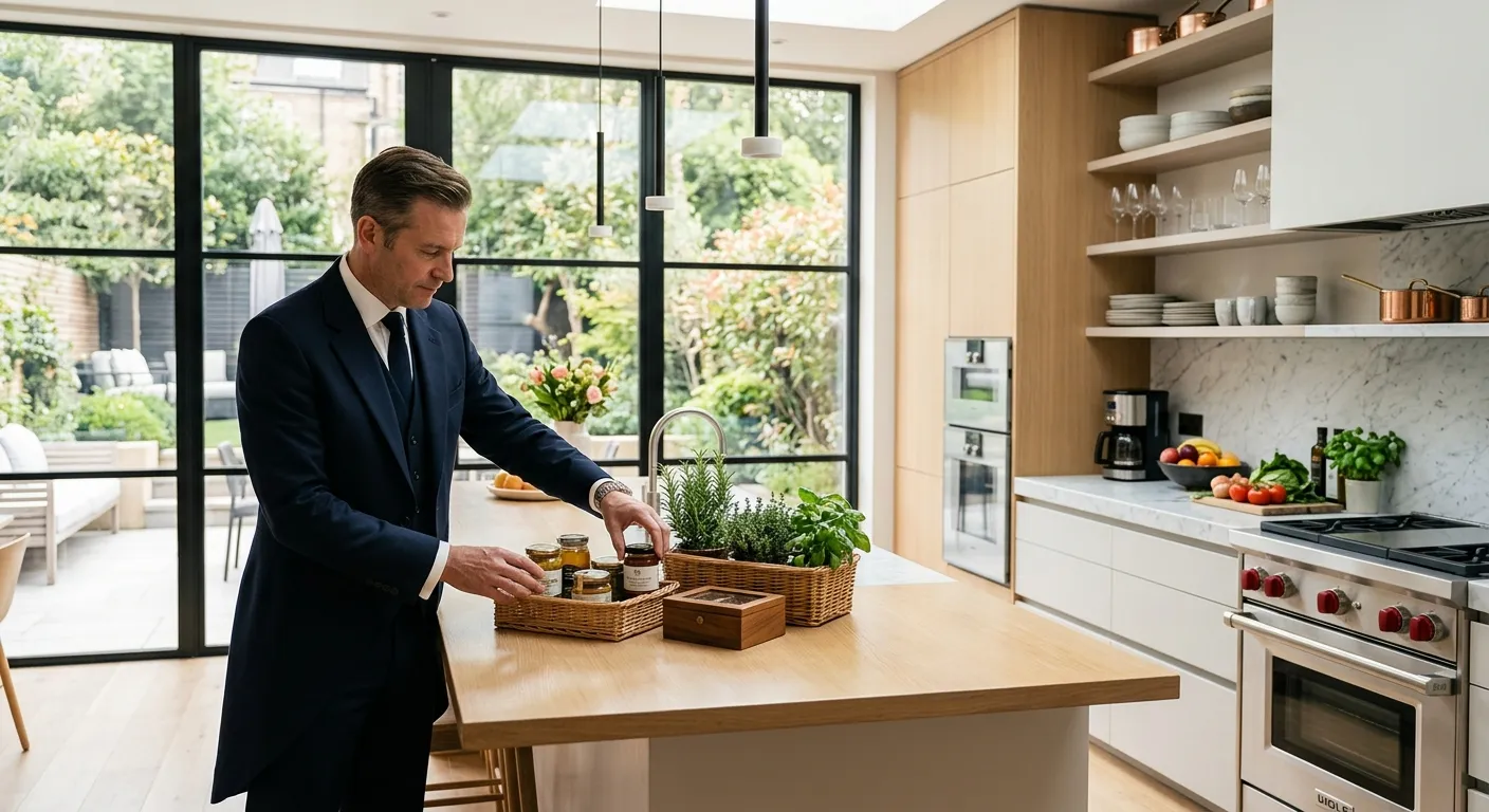 A professional, high-end image of a discreet butler arranging items in a modern, sunlit kitchen. Sty... A professional, high-end image of a discreet butler arranging items in a modern, sunlit kitchen. Style: Bright, clean, aspirational. Mood: Trustworthy, exclusive, and efficient.