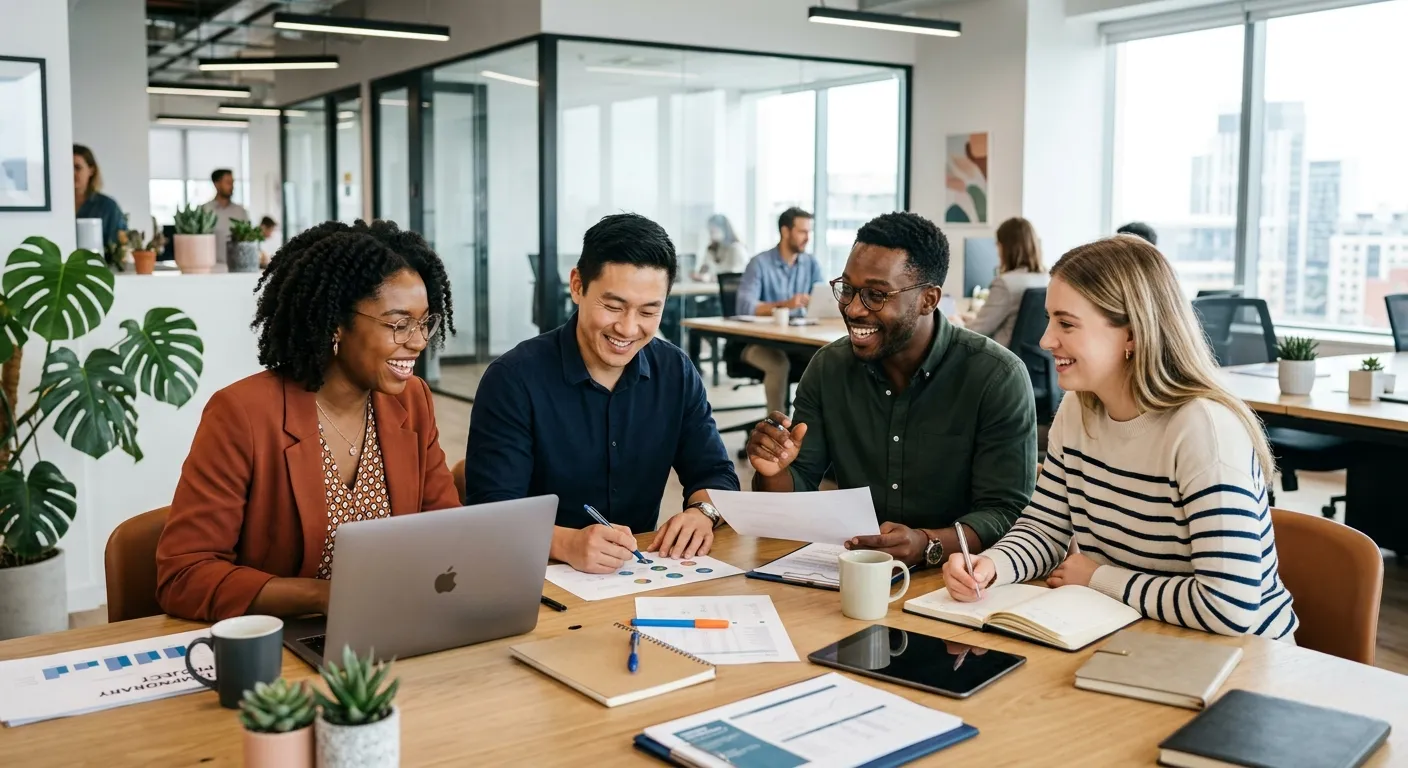 A diverse group of professional temporary workers in a modern office environment, collaborating and... A diverse group of professional temporary workers in a modern office environment, collaborating and smiling. Professional, bright, and energetic mood.