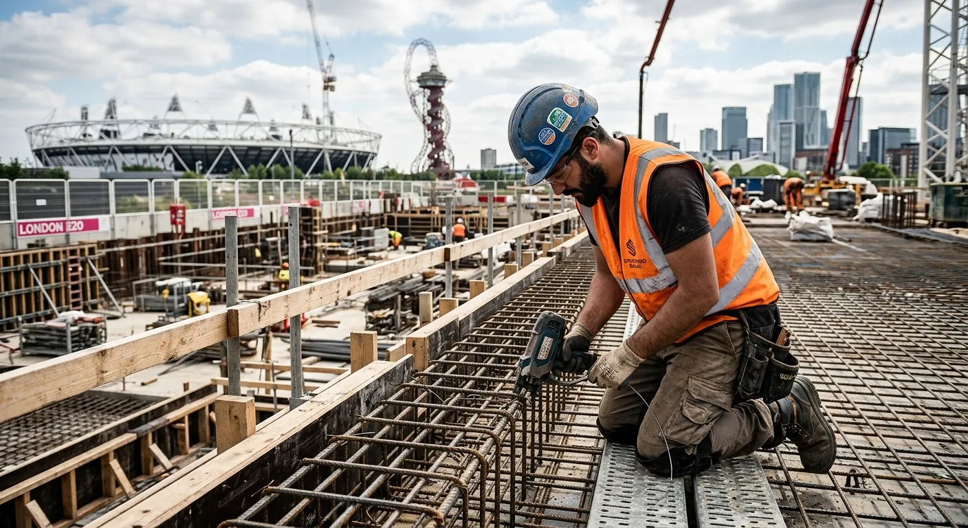 A professional and dynamic shot of a skilled steel fixer or formwork carpenter at work on a modern c... A professional and dynamic shot of a skilled steel fixer or formwork carpenter at work on a modern construction site in Stratford, London. They are wearing full PPE (hard hat, hi-vis vest, gloves) and are focused on accurately positioning and securing steel reinforcement or assembling formwork. The Olympic Park or other Stratford E20 landmarks are subtly visible in the background. Style: Authentic, high-quality, professional, with a sense of precision and skill.