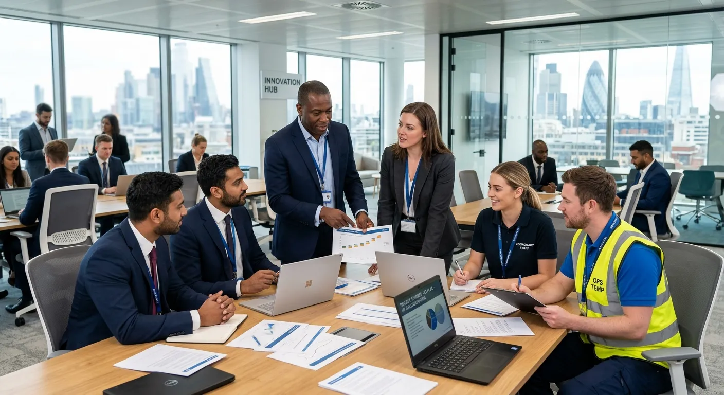 Professional UK business team collaborating with temporary warehouse, hospitality, and office staff in a bright modern workspace, executive corporate style, confident and reliable mood