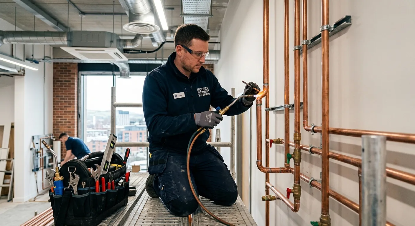 A professional, skilled plumber in clean workwear, confidently installing copper piping in a modern,... A professional, skilled plumber in clean workwear, confidently installing copper piping in a modern, well-lit commercial building in Sheffield, representing quality and expertise.