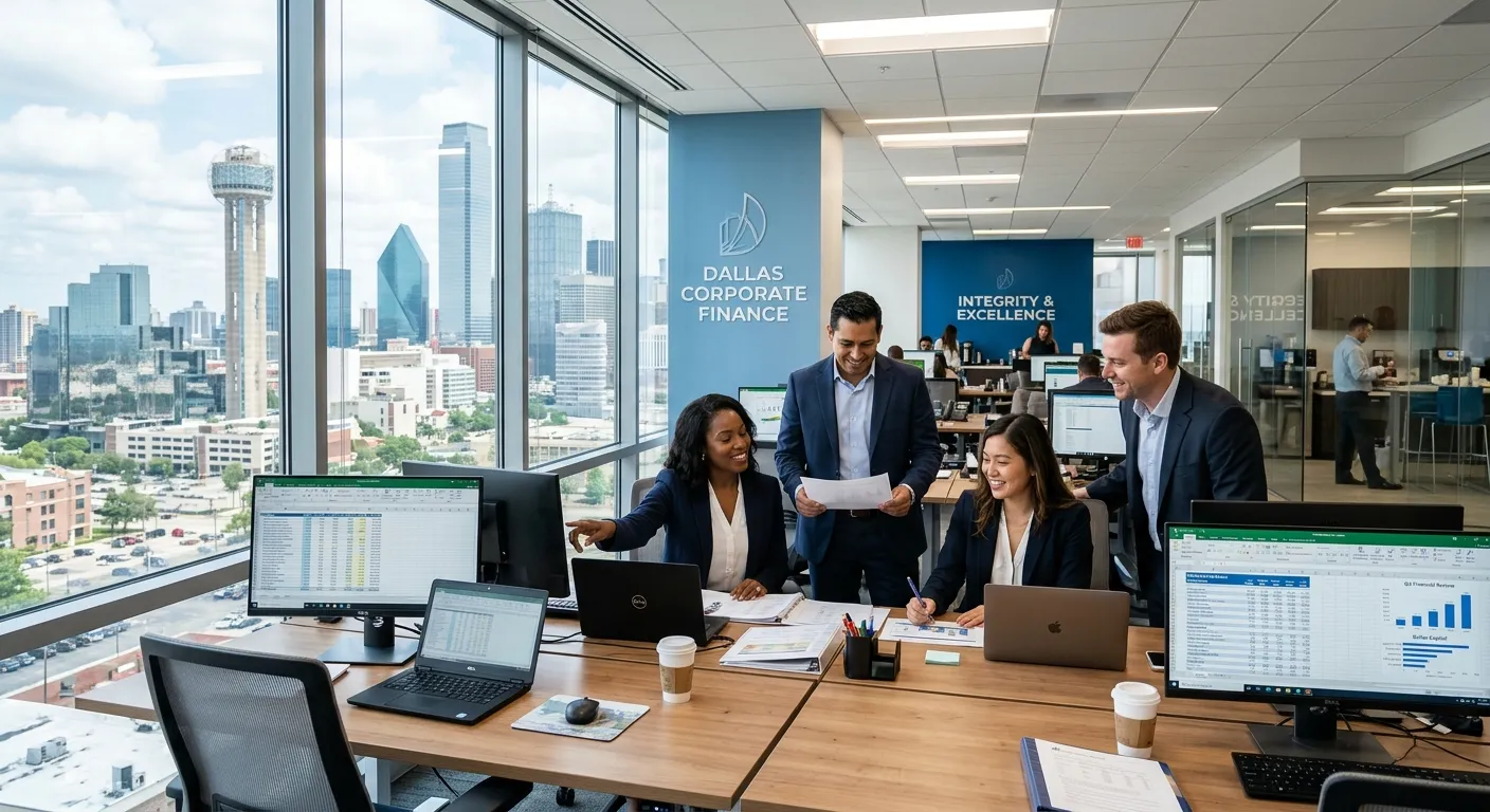 A modern Dallas corporate finance office with diverse accountants reviewing spreadsheets, a city skyline visible through large windows, professional lighting, clean blue and white branding, confident business atmosphere
