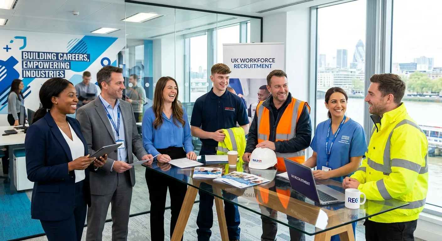 Professional UK business team in a modern office, confident recruiters meeting construction, healthcare, and warehouse workers, corporate blue and white tones, bright optimistic lighting
