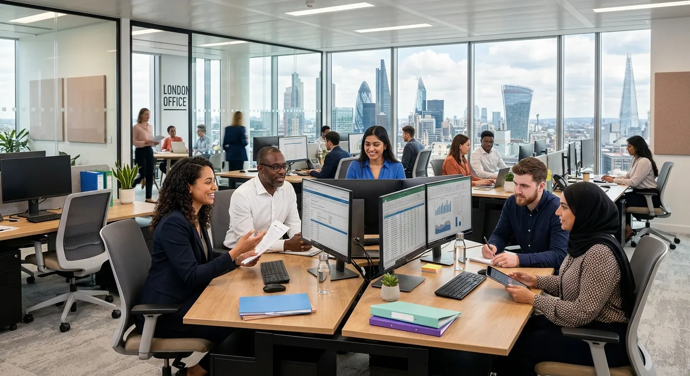 A modern, professional office in London with diverse admin staff working collaboratively at desks. S... A modern, professional office in London with diverse admin staff working collaboratively at desks. Style: Bright, crisp, business-focused. Mood: Efficient, dynamic, and trustworthy.