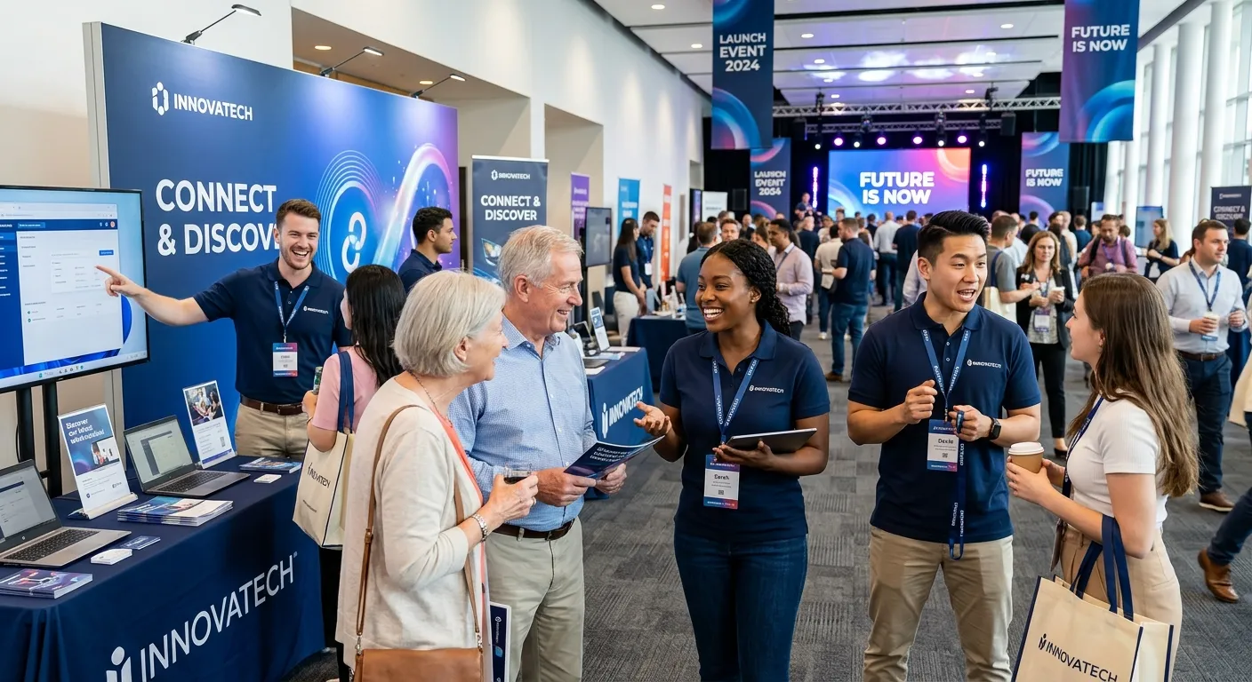 A professional, dynamic image of a diverse promotional team engaging with customers at a vibrant product launch event. The style is energetic and corporate, with sharp focus and a bright, optimistic mood.