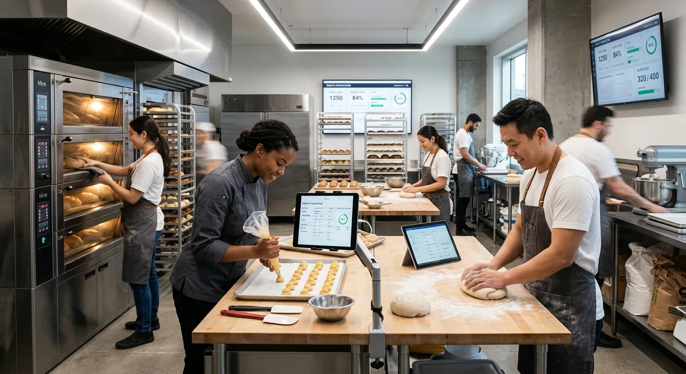 A modern, high-end bakery kitchen in action. A diverse team of skilled bakers and pastry chefs are c... A modern, high-end bakery kitchen in action. A diverse team of skilled bakers and pastry chefs are collaborating, with a mix of traditional baking and digital tablets showing production data. The mood is professional, efficient, and technologically integrated.
