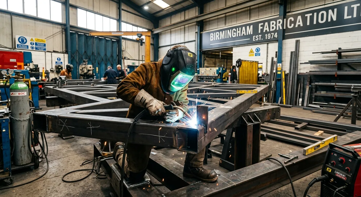 A professional welder in full safety gear, focused on fabricating a metal structure in a modern, well-lit industrial workshop in Birmingham. The mood is skilled, precise, and in-demand.
