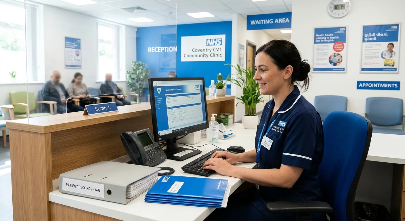 A bright, professional NHS-style admin workspace in Coventry CV1, showing a medical secretary at a tidy desk with patient files, a computer, a phone, and a calm clinical reception setting, corporate blue and white tones, realistic photography, welcoming and trustworthy