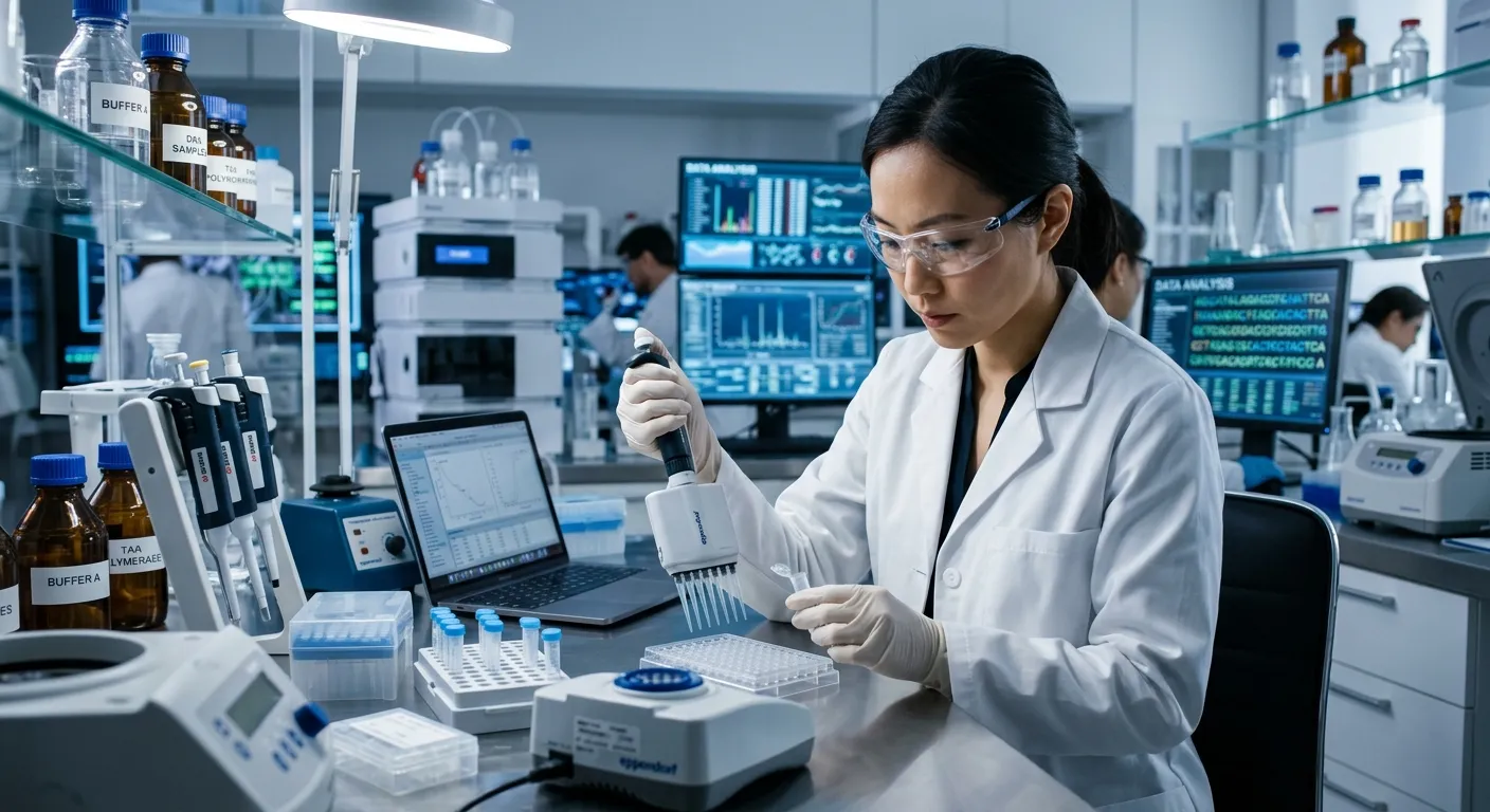 A professional, high-contrast image of a modern laboratory setting. A researcher in a white coat and... A professional, high-contrast image of a modern laboratory setting. A researcher in a white coat and safety glasses works with precision equipment, with a focus on clarity, expertise, and scientific advancement. Mood is focused, clean, and technologically advanced.