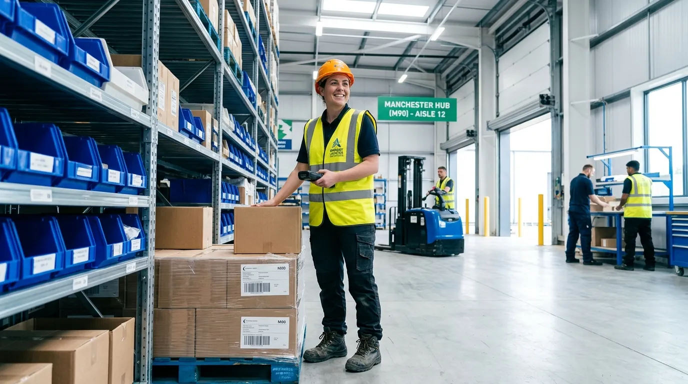 A bright, professional hero image of a Warehouse Operative wearing safety boots and high-visibility vest, working in a modern logistics hub near Manchester Airport M90, with clean industrial shelving, forklifts, and a confident team atmosphere, corporate blue and crisp white colour palette, realistic, trustworthy, modern UK job advert style