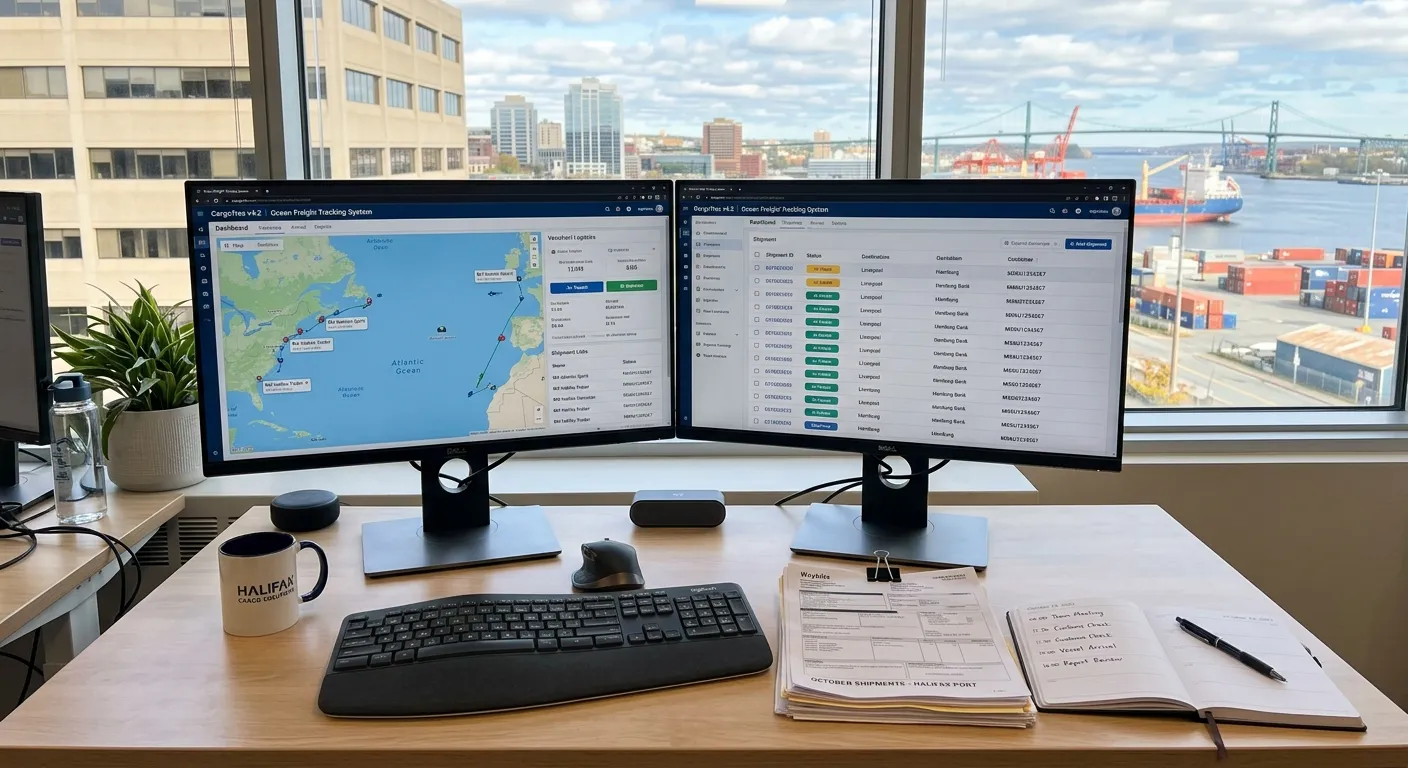 A well-organized office workspace in Halifax, with dual monitors showing a freight tracking system a... A well-organized office workspace in Halifax, with dual monitors showing a freight tracking system and a neatly organized stack of shipping documents, a planner open on the desk.