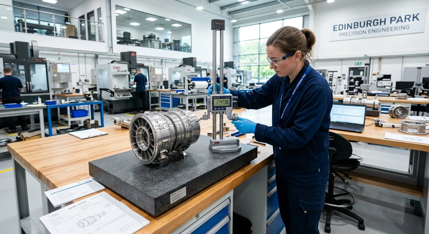 A modern, clean manufacturing workshop in Edinburgh Park, with a Quality Control Inspector in blue PPE using a digital height gauge to measure a complex aerospace component on a well-lit bench.