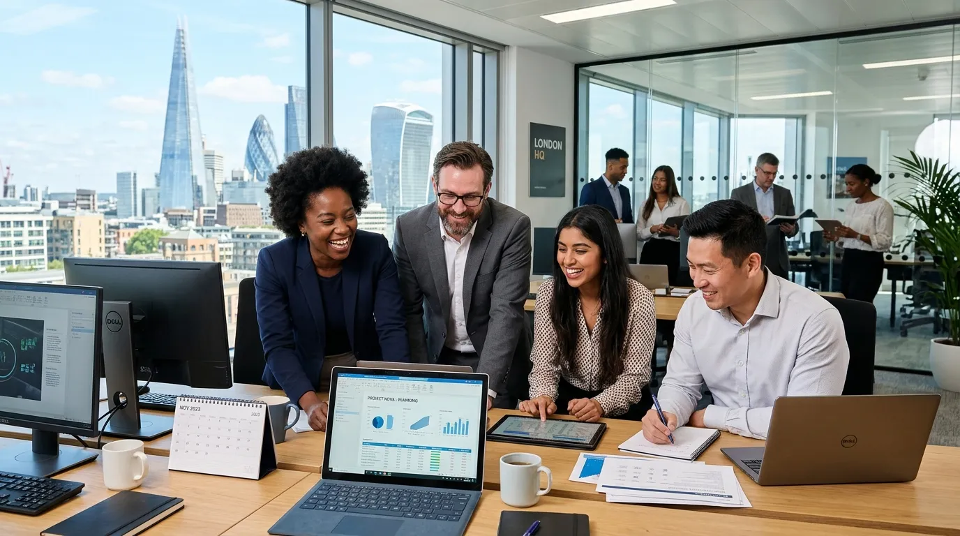 A professional, dynamic hero image showing a diverse group of administrative professionals working collaboratively in a modern London office. Style: Bright, optimistic, and high-contrast. Mood: Efficient, professional, and forward-thinking.