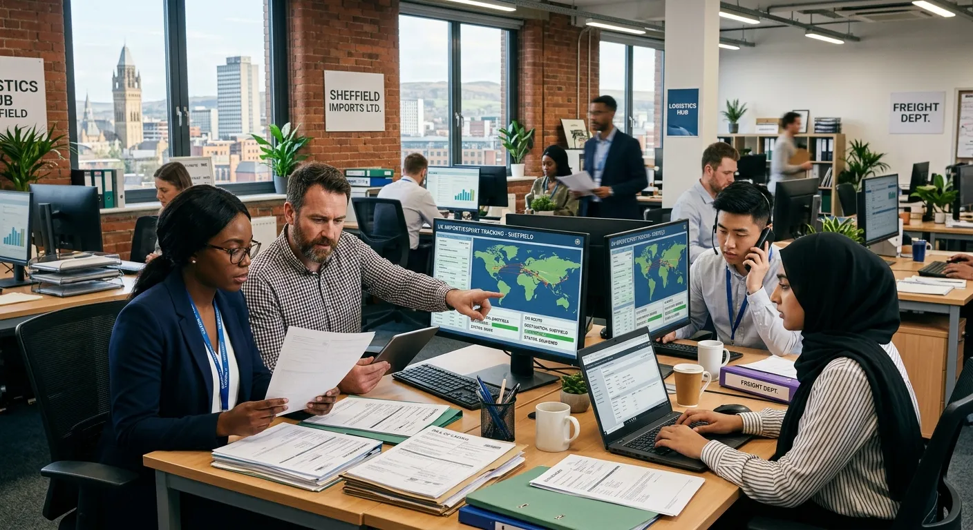 A professional, dynamic image of a modern logistics office in Sheffield. A diverse team of Import/Ex... A professional, dynamic image of a modern logistics office in Sheffield. A diverse team of Import/Export Clerks is reviewing shipping documents and digital screens showing freight tracking data. The mood is efficient, focused, and collaborative, highlighting the professional nature of the role.