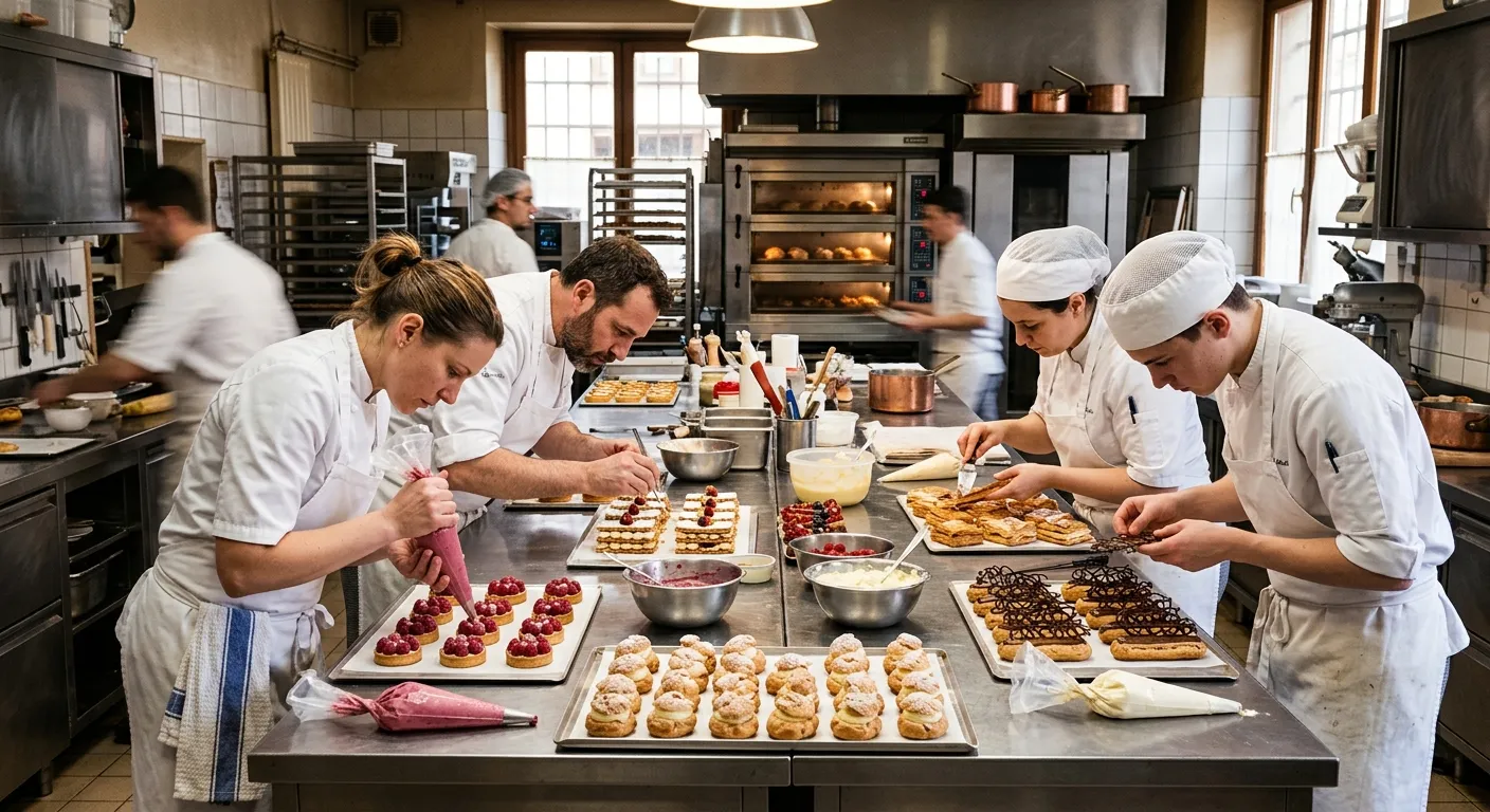 A bustling bakery kitchen with multiple chefs in whites meticulously assembling delicate pastries on... A bustling bakery kitchen with multiple chefs in whites meticulously assembling delicate pastries on a long stainless steel table, showing focused collaboration.