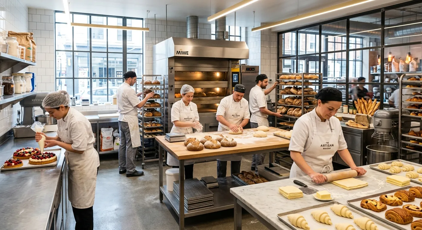 A modern, high-end bakery kitchen with skilled pastry chefs and bakers working collaboratively on artisanal bread and desserts. Professional, bright, and dynamic mood.