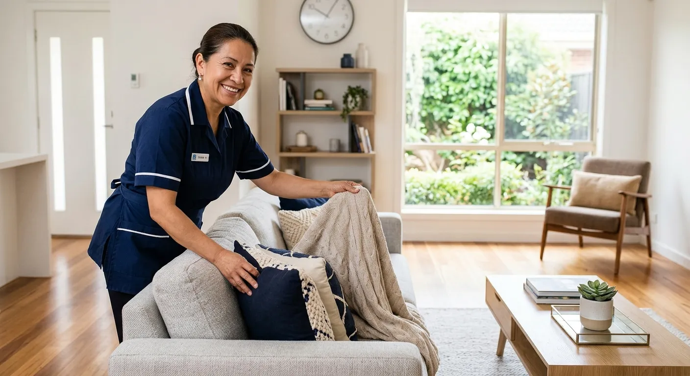 Professional, well-lit photo of a smiling housekeeper in a crisp uniform, efficiently organizing a c... Professional, well-lit photo of a smiling housekeeper in a crisp uniform, efficiently organizing a clean, modern living room. Style: Warm, inviting, and trustworthy. Mood: Professional competence and domestic harmony.