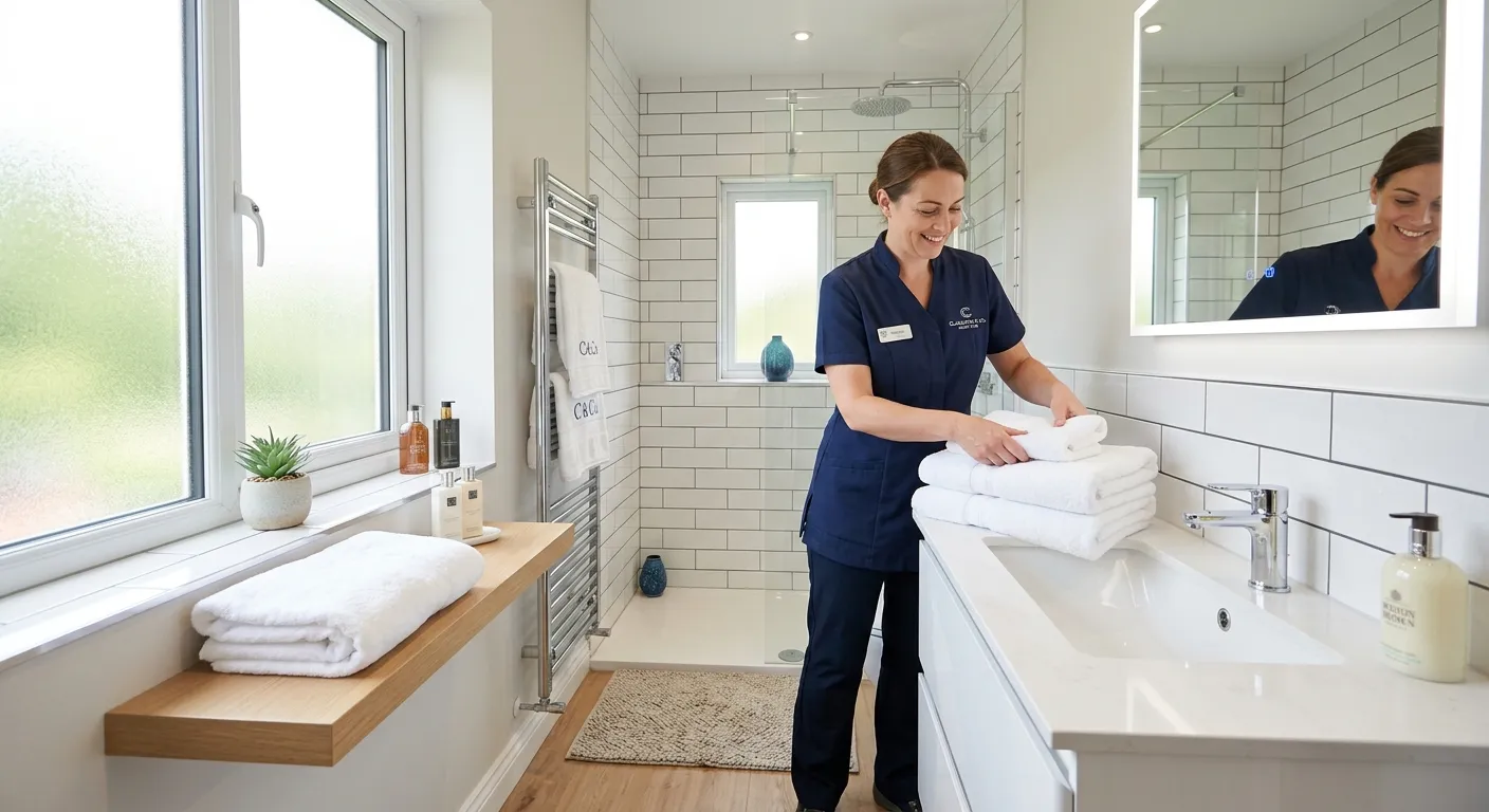 Bright, modern UK home interior with a professional housekeeper placing fresh towels, soft natural light, executive blue accents, polished and trustworthy mood