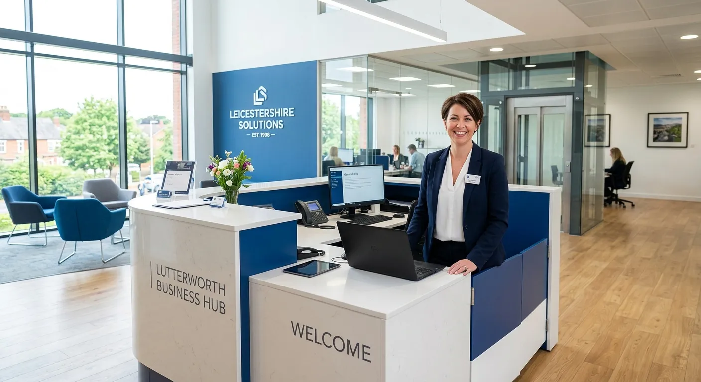 Professional reception desk in a bright Lutterworth office, smiling receptionist front of house, mod... Professional reception desk in a bright Lutterworth office, smiling receptionist front of house, modern corporate setting, crisp white and executive blue tones, welcoming atmosphere