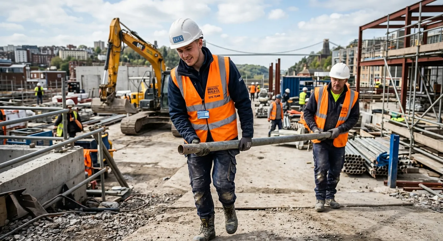 Professional photograph of a CSCS Labourer wearing PPE (hard hat, hi-vis vest, safety boots) on a busy construction site in Bristol, assisting with material handling. The image should convey teamwork, safety, and active work.