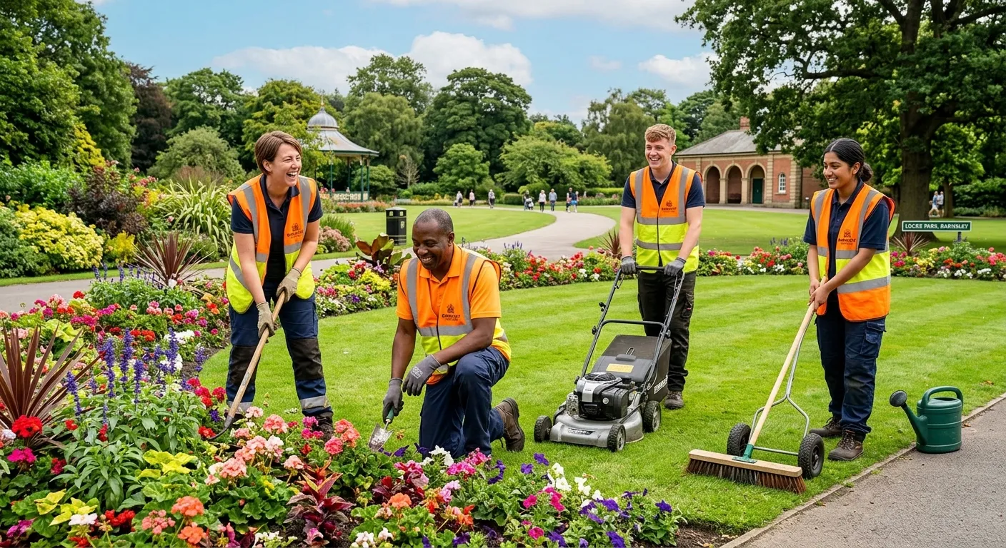 A professional, uplifting photo of a diverse team of grounds maintenance operatives in hi-vis vests, smiling and working together on a sunny day in a well-kept Barnsley park, with green grass and flower beds in the background.