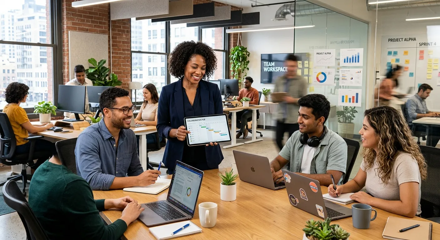A dynamic, modern office scene showing a manager looking at a tablet with a smile, surrounded by a diverse team of temporary and permanent staff working collaboratively in a bright, tech-enabled workspace. Style: Professional, high-energy, and inclusive.
