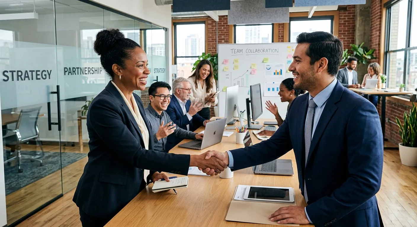 A professional, high-energy office scene with a diverse team of business professionals collaborating... A professional, high-energy office scene with a diverse team of business professionals collaborating in a modern workspace. Focus on a manager shaking hands with a staffing consultant, symbolizing partnership. Style: corporate, vibrant, and confident.