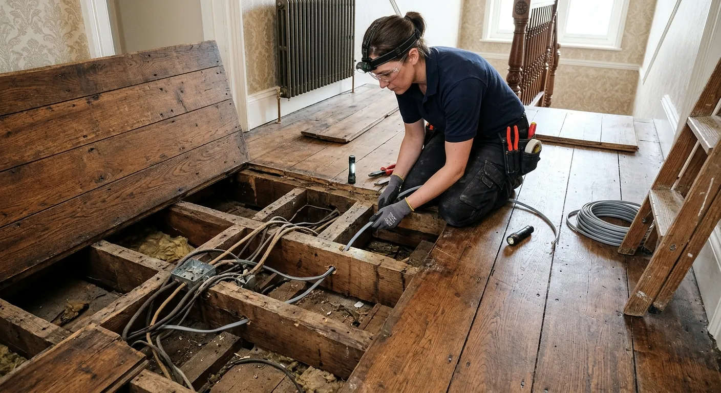 An electrician carefully installing a new cable within the floor void of a period property, showing... An electrician carefully installing a new cable within the floor void of a period property, showing traditional floorboards and modern wiring methods.