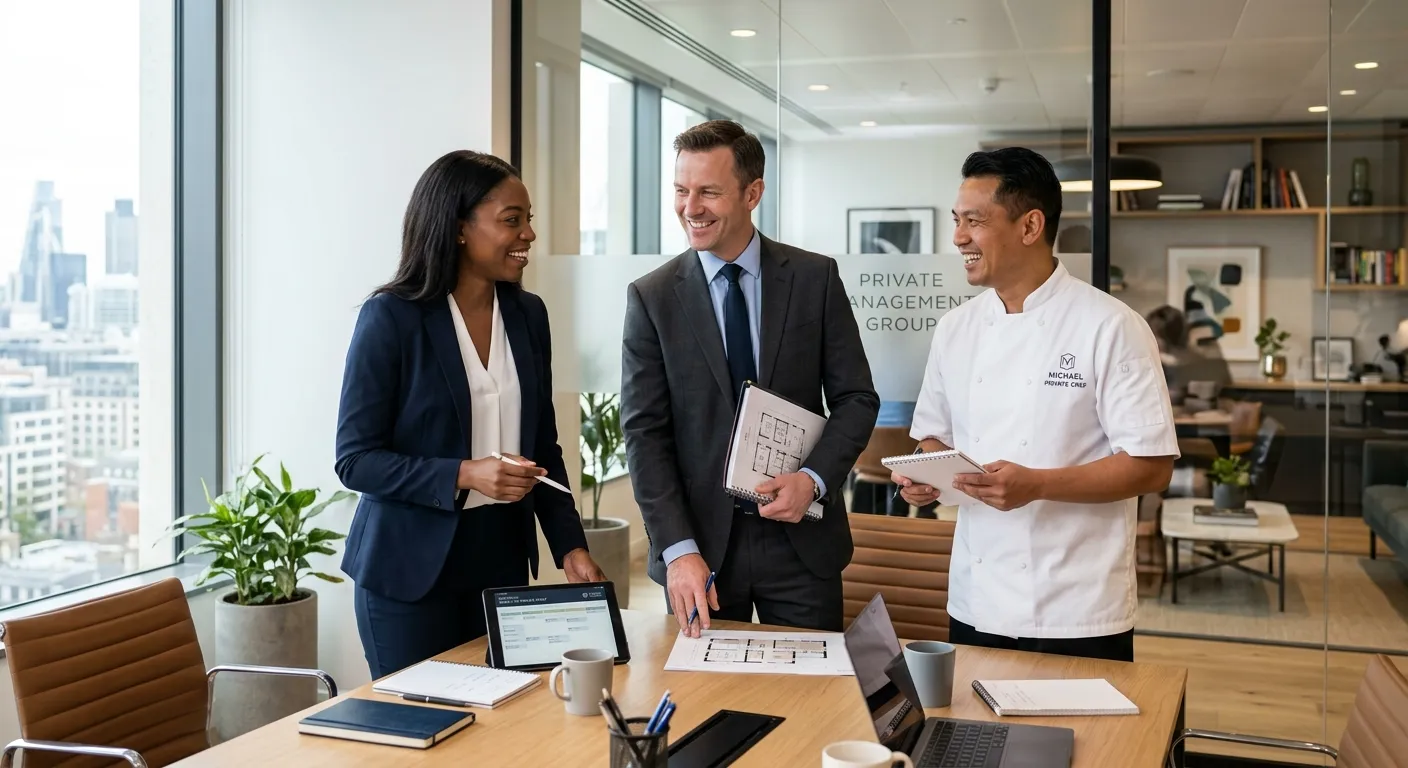 A professional, diverse group of private staff in a modern office setting, including a personal assistant, a house manager, and a chef, all smiling and collaborating. Style: Bright, high-resolution corporate photography with a focus on professionalism and trust.