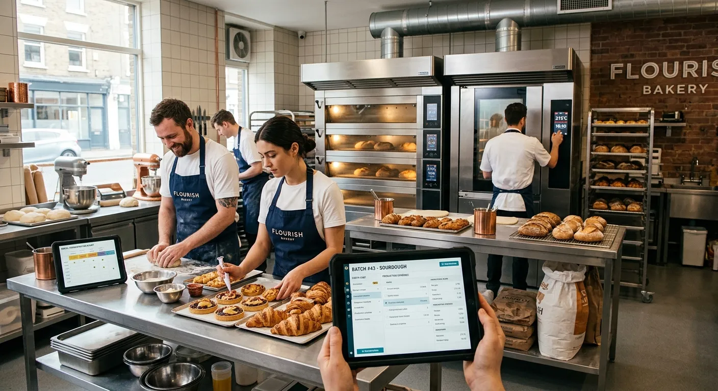 A modern, bustling bakery kitchen with skilled bakers and pastry chefs at work, using digital tablets and high-tech ovens. Professional, bright, and inviting atmosphere with a focus on technology and teamwork.