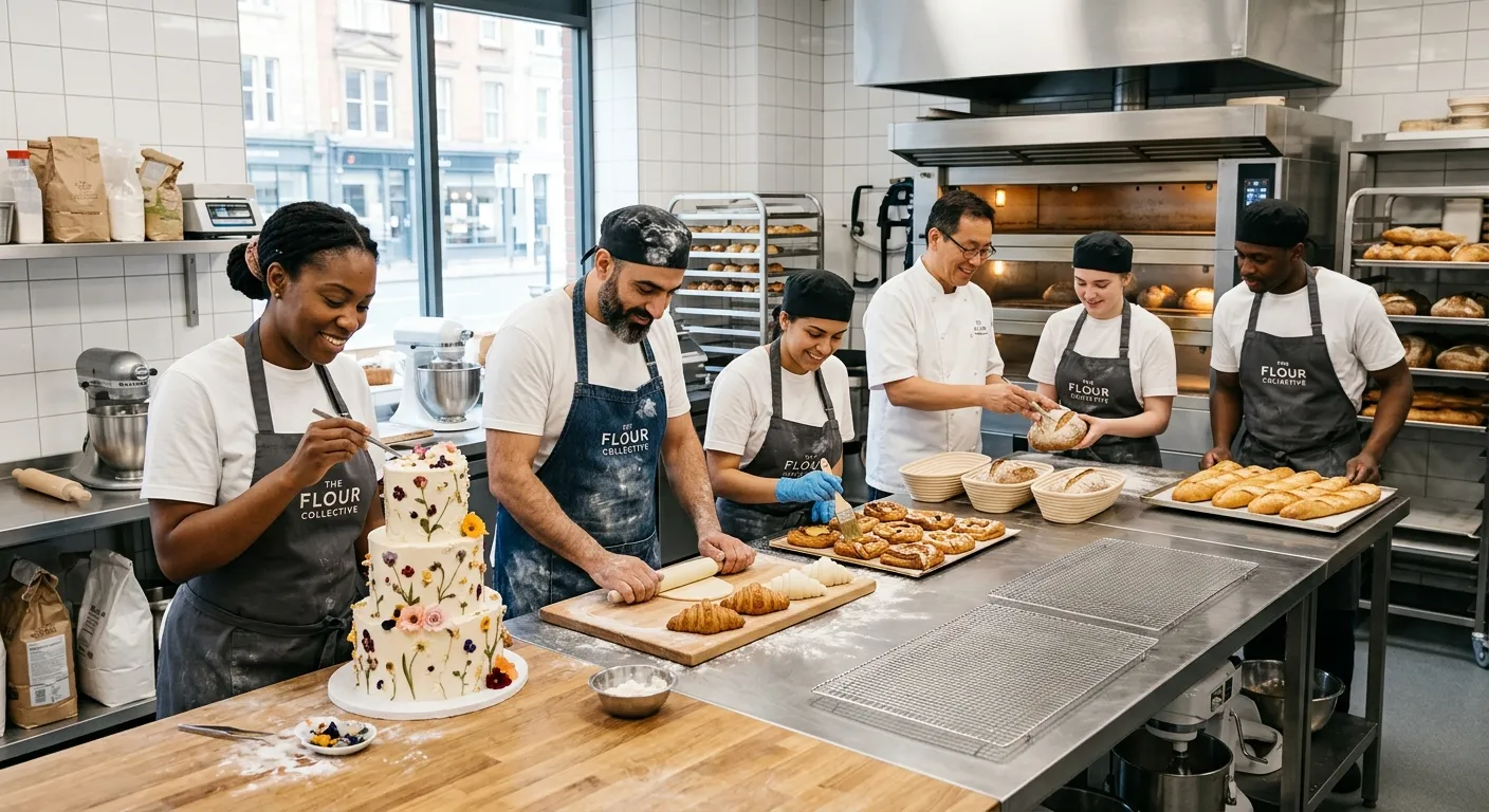 A modern, bright bakery kitchen with a diverse team of skilled bakers, pastry chefs, and decorators... A modern, bright bakery kitchen with a diverse team of skilled bakers, pastry chefs, and decorators collaborating on high-quality artisanal products. Professional, high-resolution, with a focus on teamwork and precision.