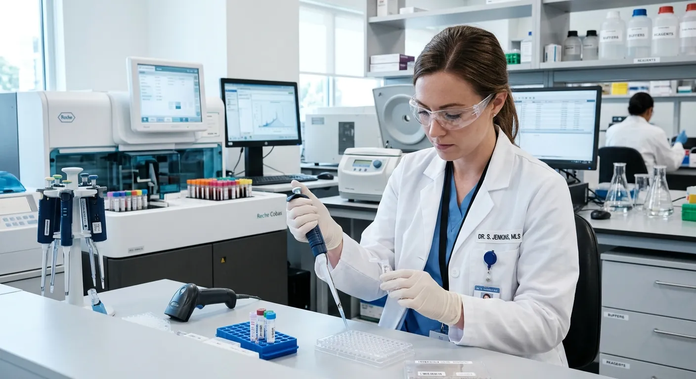 Professional laboratory technician in a modern clinical lab, wearing a white coat and safety glasses... Professional laboratory technician in a modern clinical lab, wearing a white coat and safety glasses, carefully analyzing a sample. The image should convey precision, technology, and a clean, scientific environment.
