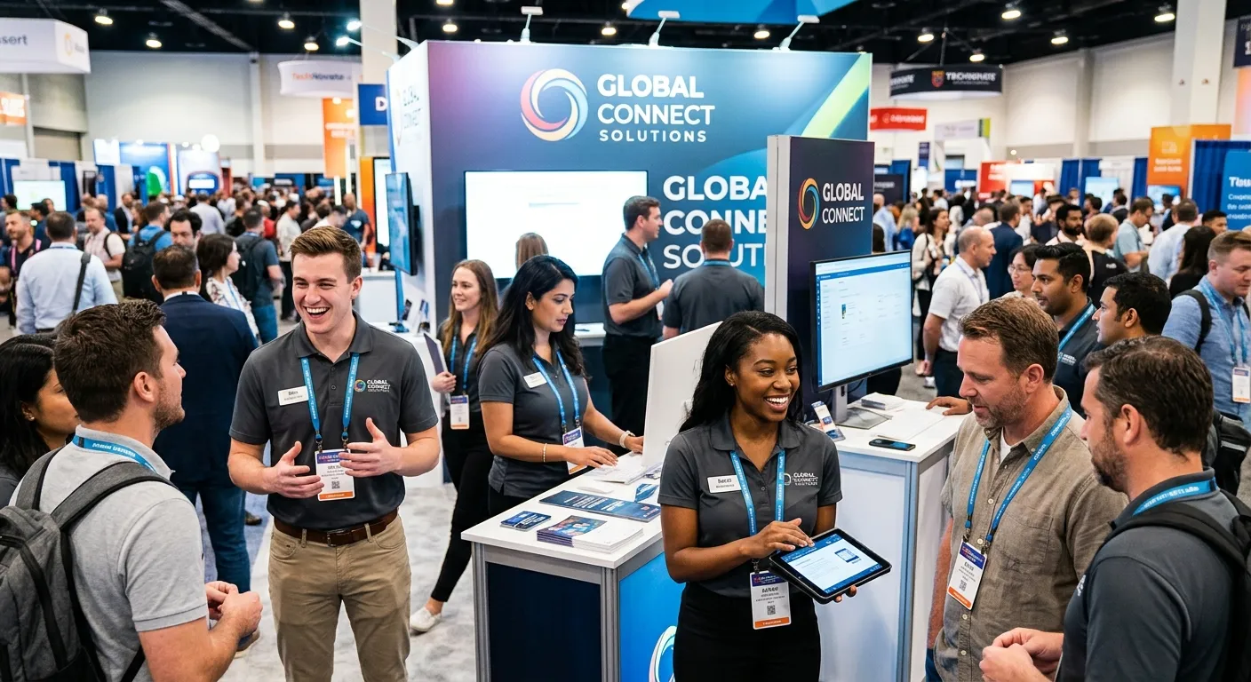 A dynamic, professional photo of a diverse team of promotional brand ambassadors engaging with custo... A dynamic, professional photo of a diverse team of promotional brand ambassadors engaging with customers at a busy, modern trade show booth. Style: Bright, energetic, corporate. Mood: Confident, engaging, successful.