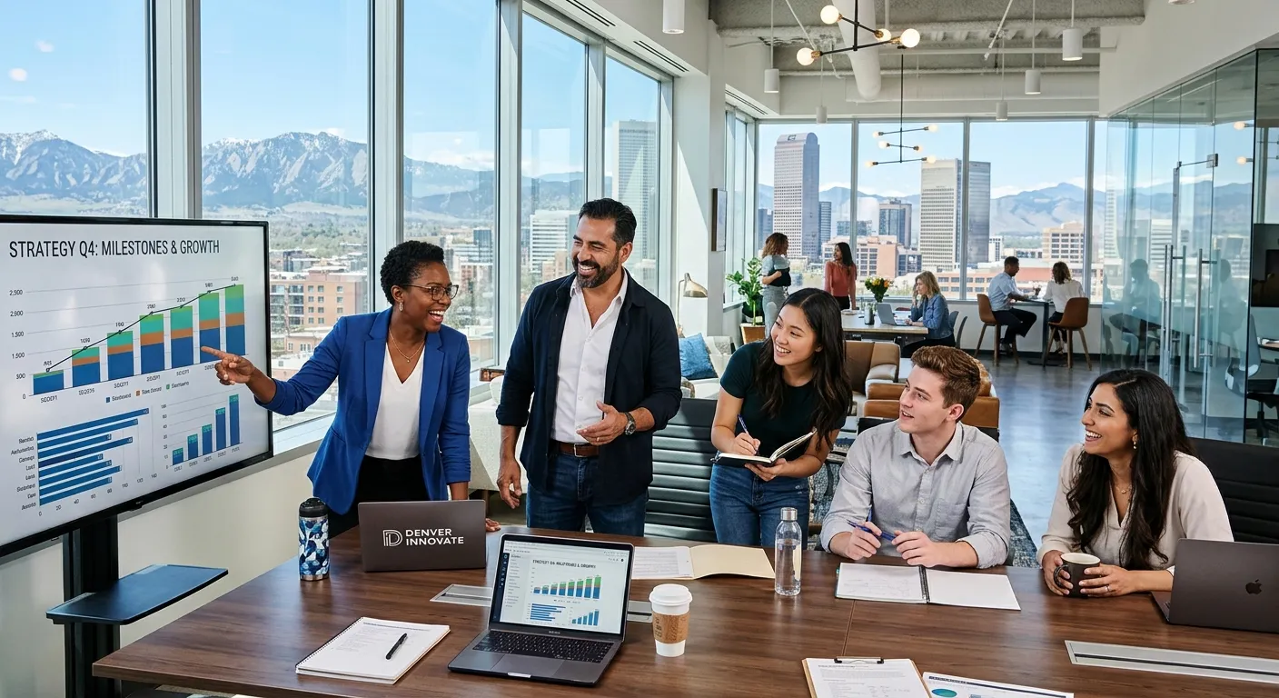 A professional, high-energy photograph of a diverse team of professionals collaborating in a modern Denver office space with mountain views visible through floor-to-ceiling windows. Style: Corporate, inspiring, vibrant. Mood: Collaborative, successful, forward-thinking.